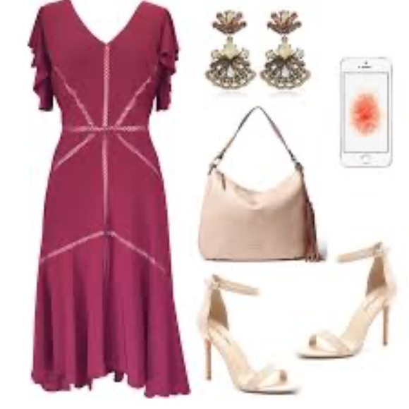 Taylor Burgundy Blush Ruffle Sleeve High Low Knit Midi Dress Lines NWOT - Picture 2 of 6